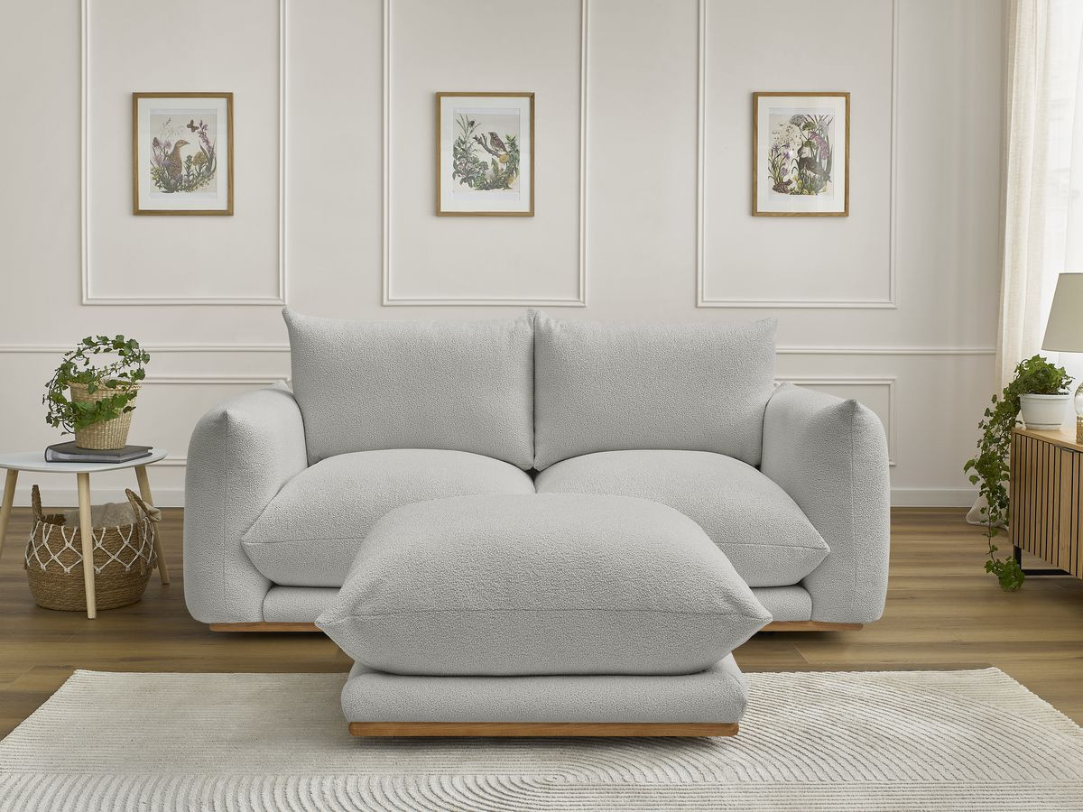 Bobochic Ernest Sofa 3-Sitzer mit Pouf 193 × 106 cm Bouclé-Stoff Hellgrau