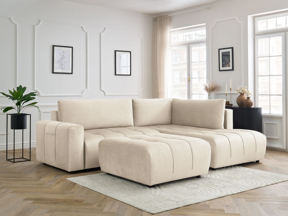 Bobochic Arsene Ecksofa mit Schlaffunktion und Bettkasten und Pouf 277 × 200 cm Samt Beige Ecke rechts