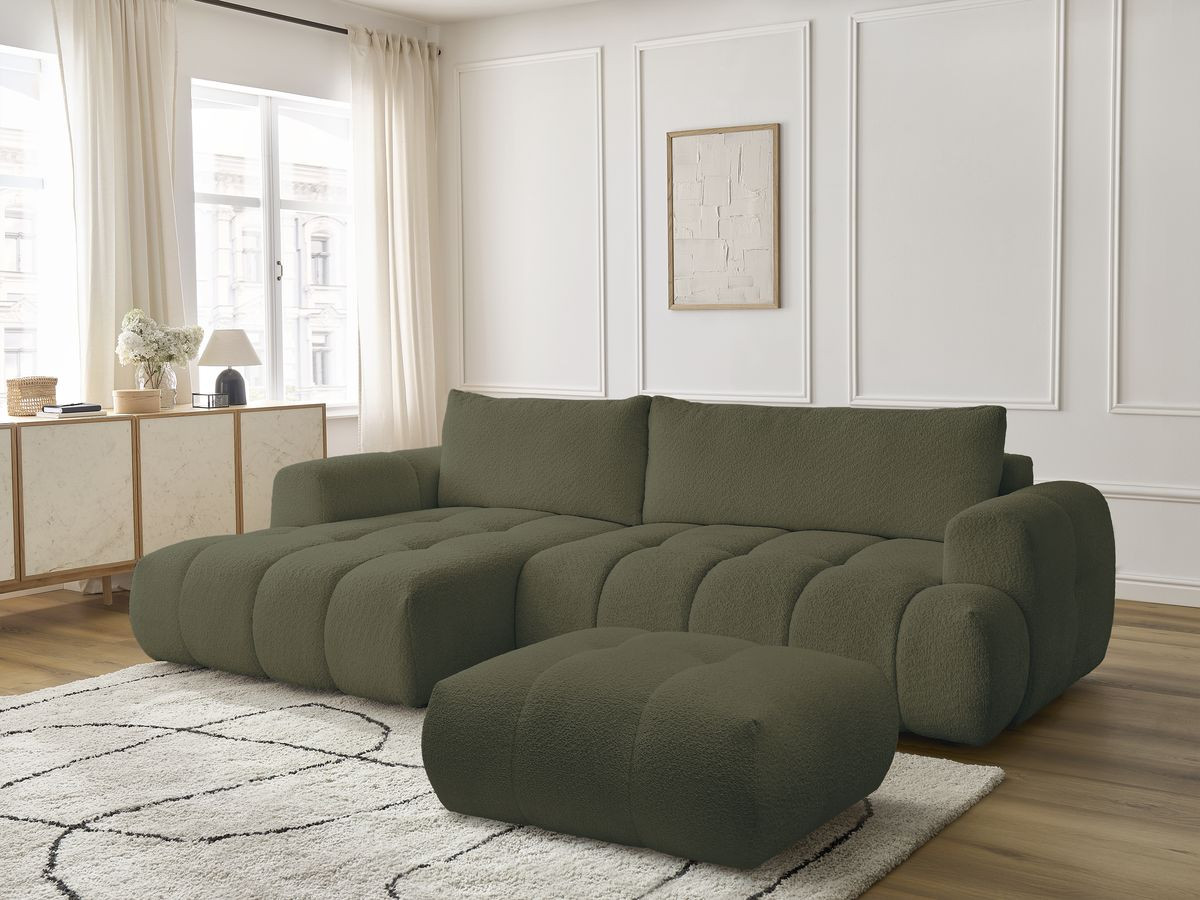 Bobochic Fuji Ecksofa mit Schlaffunktion und Bettkasten und Pouf 292 × 160 cm Bouclé-Stoff Grün Ecke links