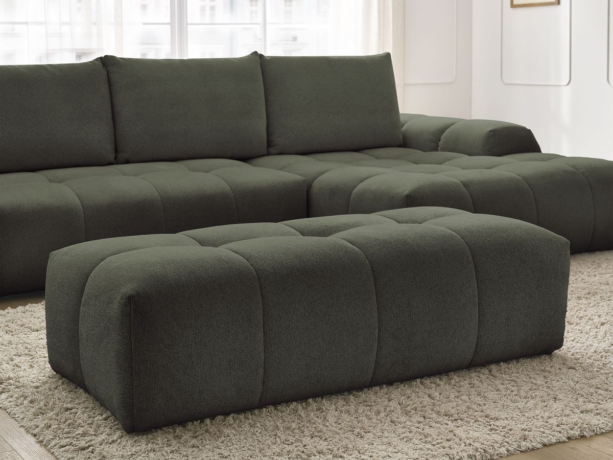 Bobochic Everest Ecksofa mit Schlaffunktion und Bettkasten und Pouf 318 × 180 cm, 3 Kissen Melange-Stoff Grün Ecke rechts