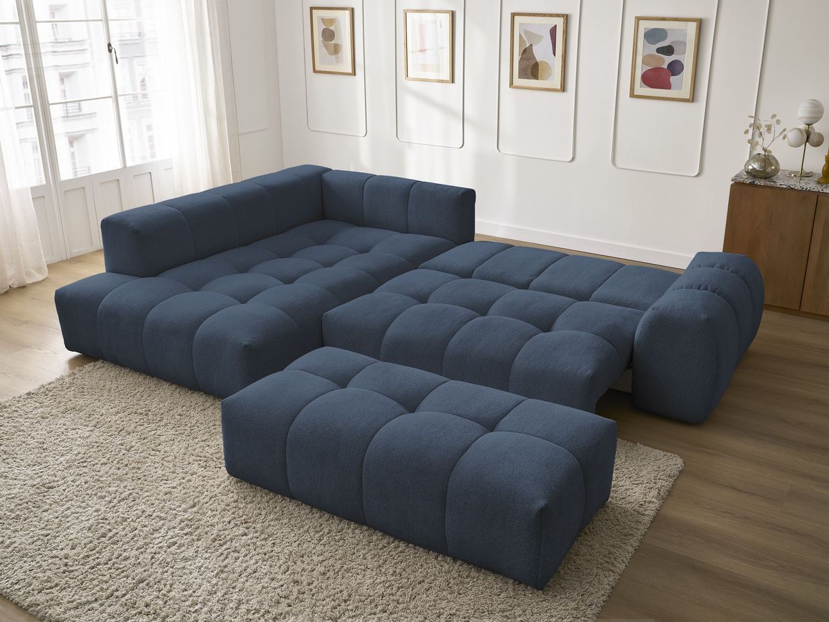 Bobochic Everest Ecksofa mit Schlaffunktion und Bettkasten und Pouf 320 × 212 cm, 5 Kissen Melange-Stoff Dunkelblau Ecke links