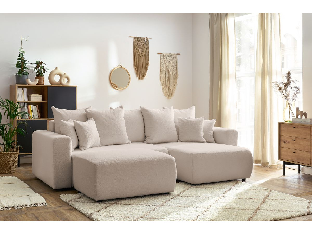 Bobochic Envy Ecksofa mit Schlaffunktion und Bettkasten und rechteckigem Pouf Bouclé-Stoff Beige