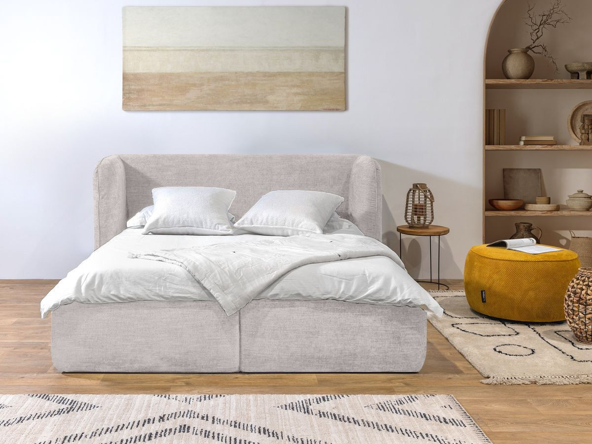 Bobochic Louise Polsterbett mit Bettkasten Stoff Beige, Liegefläche 160 × 200 cm