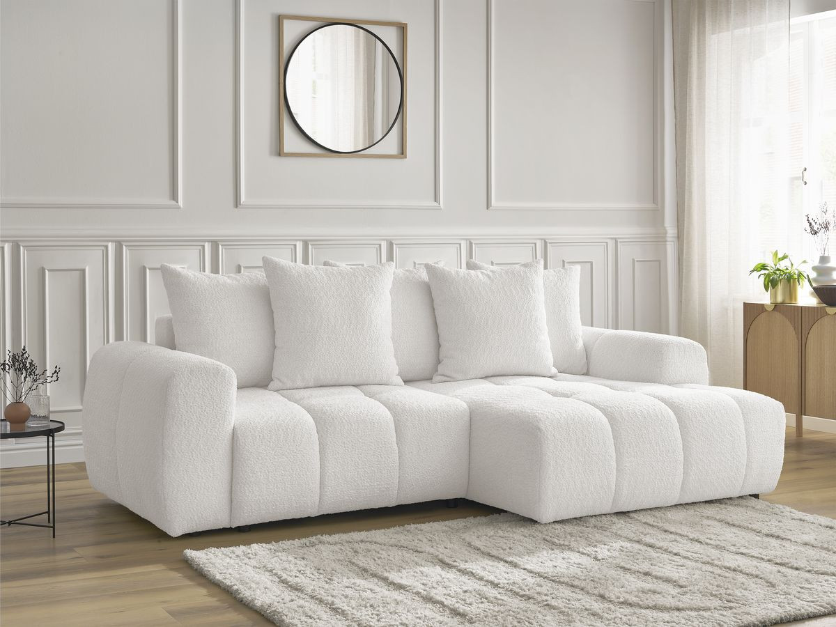 Bobochic Roxelane Ecksofa mit Schlaffunktion und Bettkasten 258 × 150 cm Bouclé-Stoff Weiß Ecke rechts