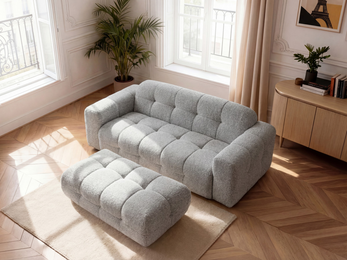 Bobochic Laura Sofa 3-Sitzer mit großem Pouf Melange-Stoff Hellgrau