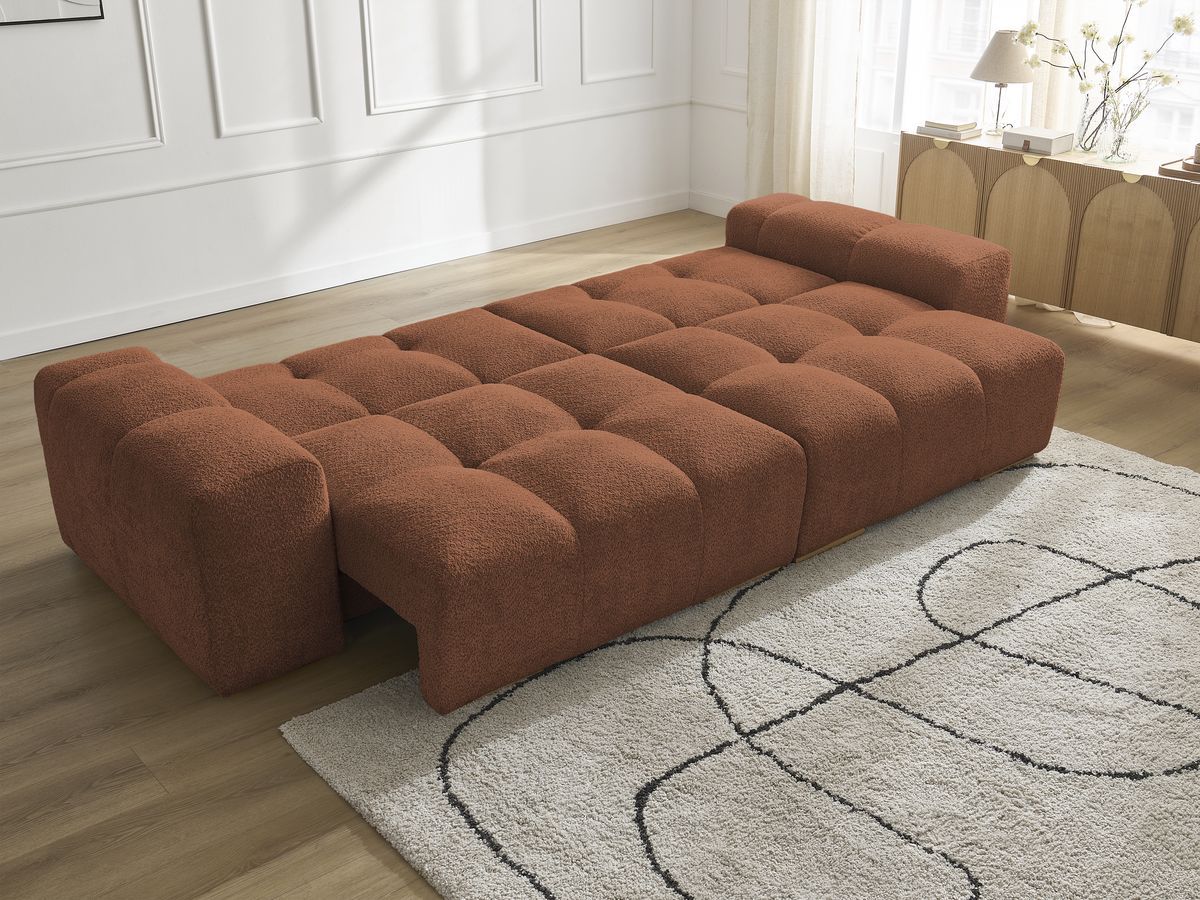 Bobochic Anakin Schlafsofa 3-Sitzer mit Bettkasten, 2 Kissen Bouclé-Stoff Orange