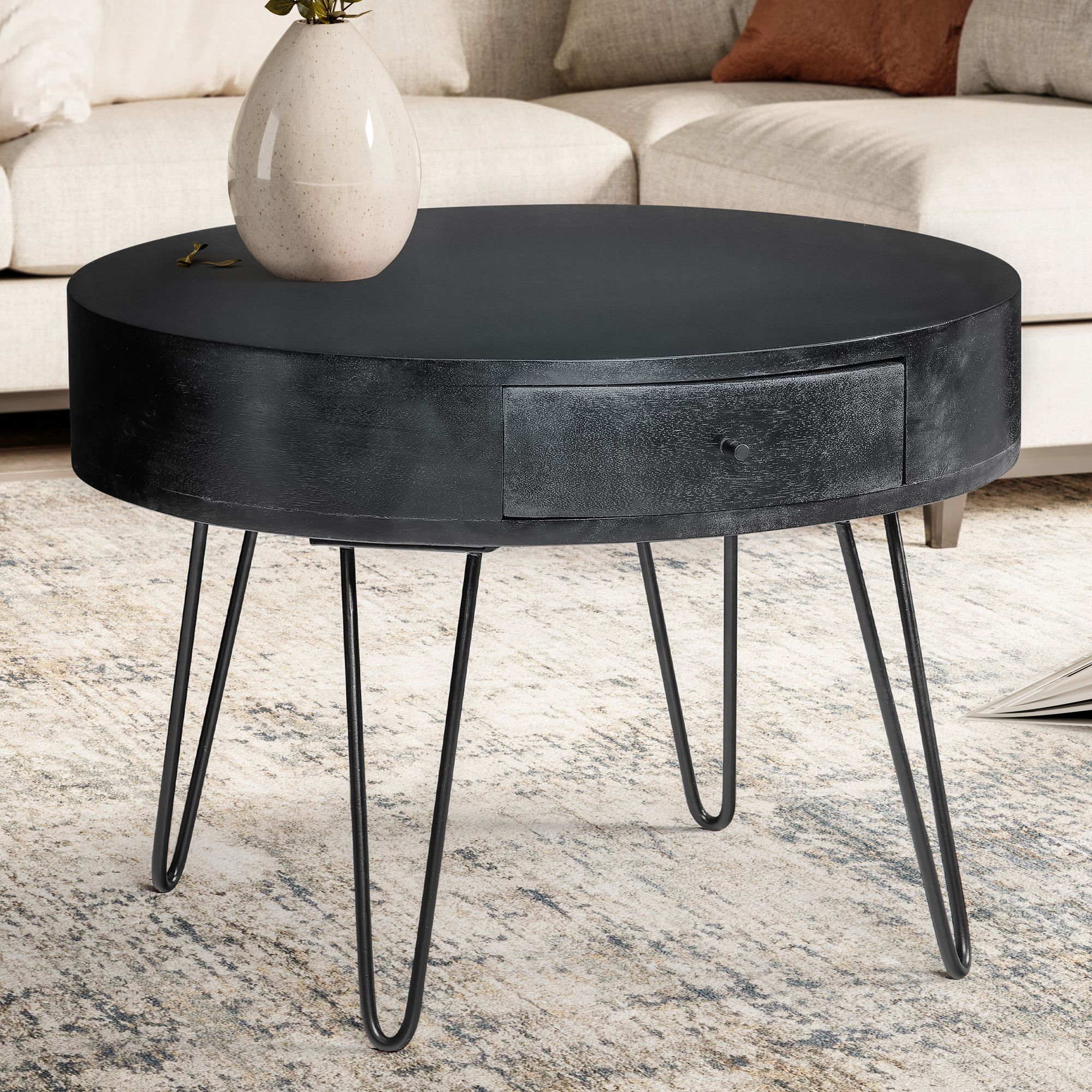 Couchtisch Eggkleiva Mango Massivholz Schwarz Ø 60 cm