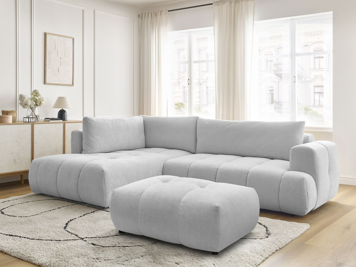 Bobochic Fuji Ecksofa mit Schlaffunktion und Bettkasten und Pouf 282 × 204 cm Stoff Hellgrau Ecke links