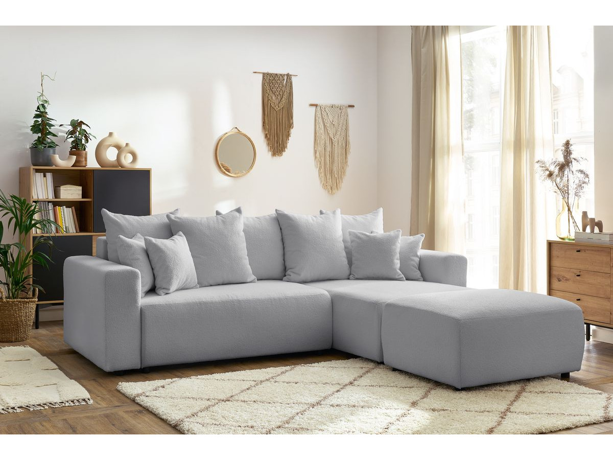 Bobochic Envy Ecksofa mit Schlaffunktion und Bettkasten und rechteckigem Pouf Bouclé-Stoff Hellgrau