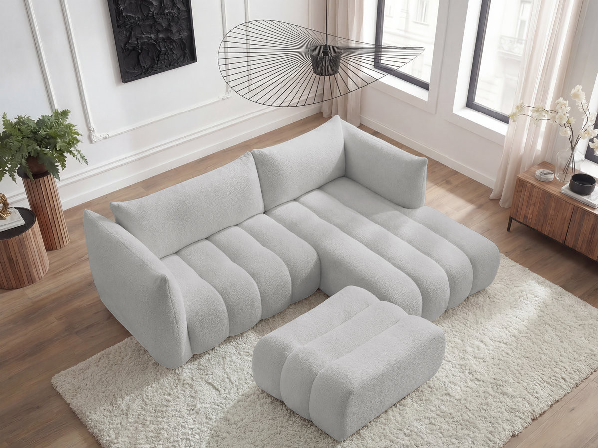 Bobochic Azra Ecksofa mit Pouf 262 × 178 cm Bouclé-Stoff Hellgrau Ecke rechts