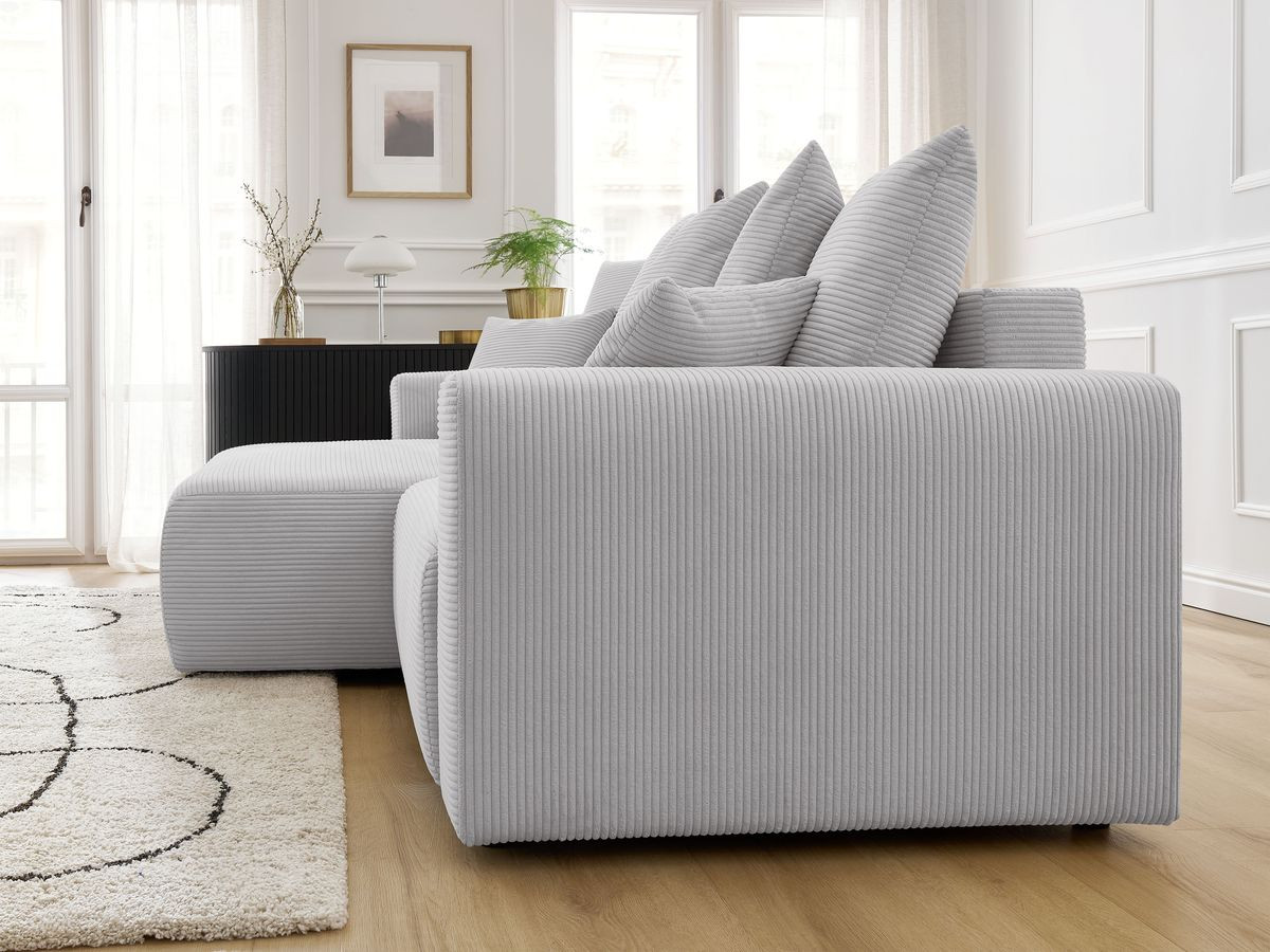Bobochic Atilla Ecksofa mit Schlaffunktion und Bettkasten Cordsamt Hellgrau Ecke links