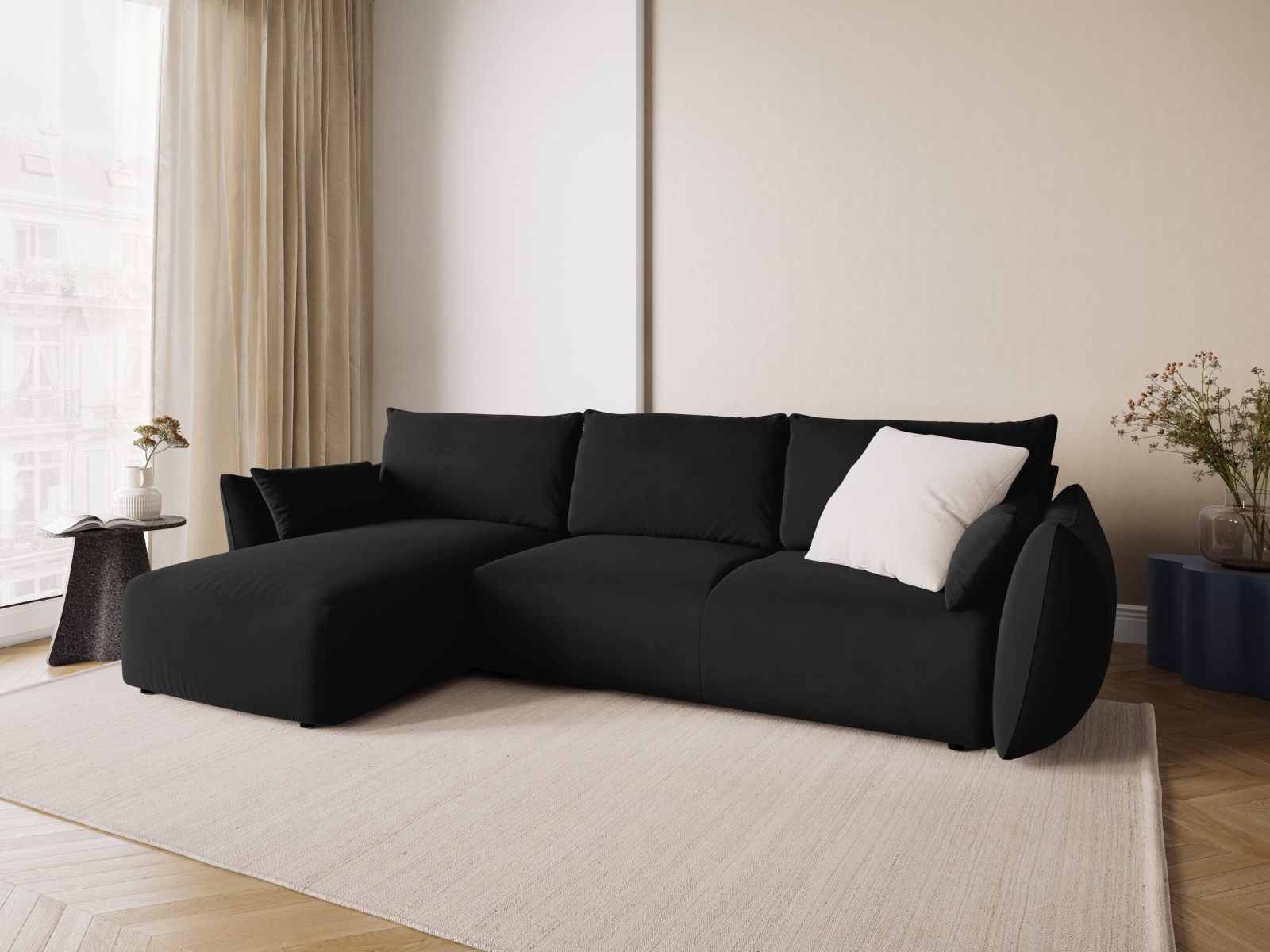 Cosmopolitan Design Ecksofa Matera 4-Sitzer mit Schlaffunktion Samt Salvador Schwarz Links