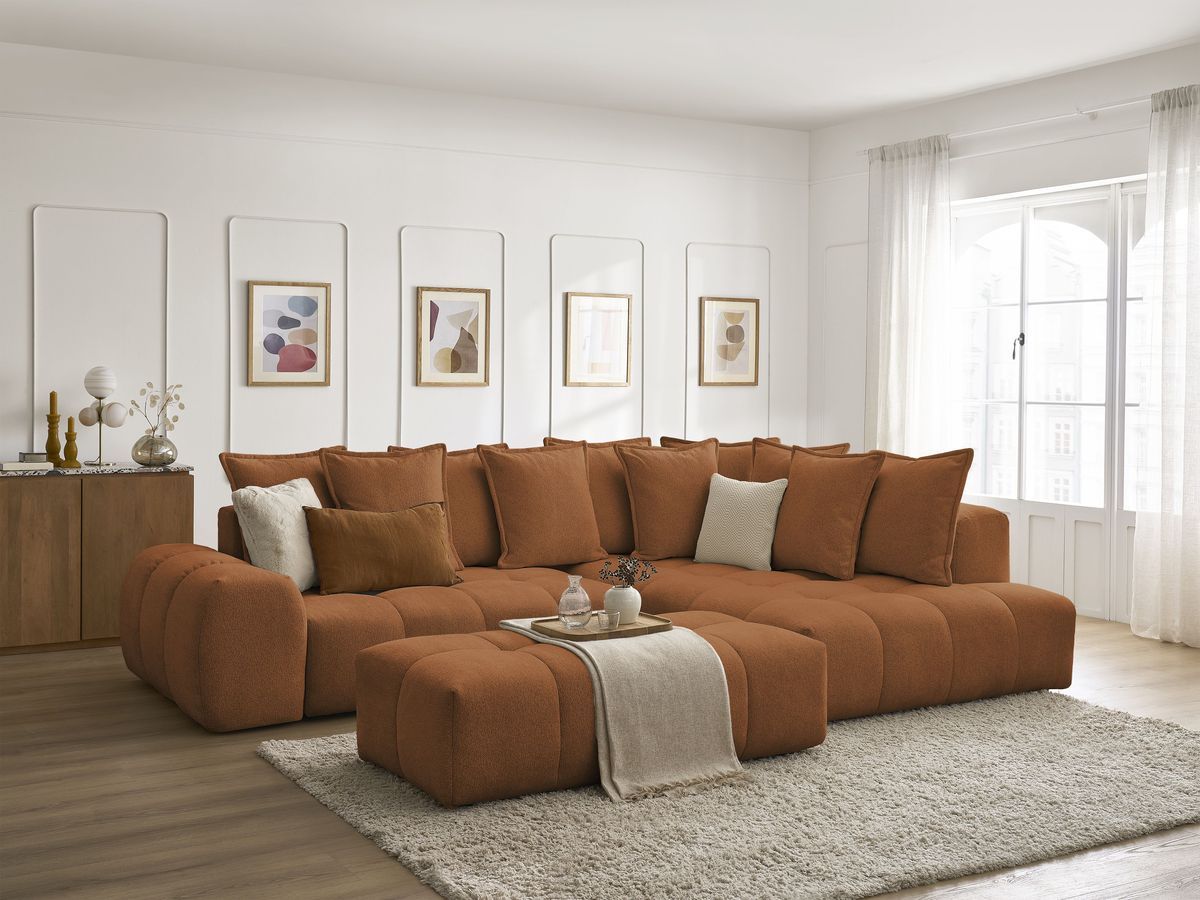 Bobochic Everest Ecksofa mit Schlaffunktion und Bettkasten und Pouf 320 × 212 cm, 10 Kissen Melange-Stoff Orange Ecke rechts
