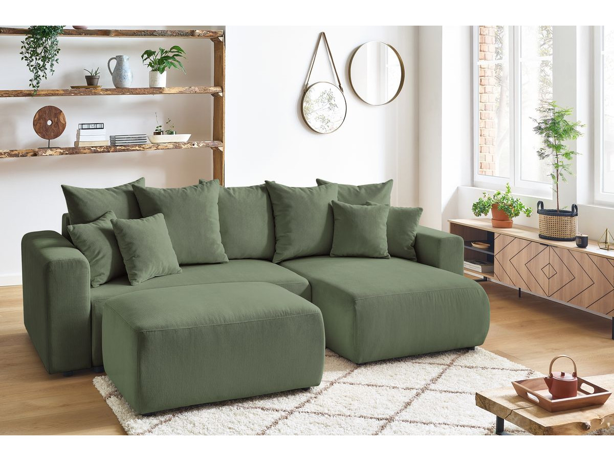 Bobochic Envy Ecksofa mit Schlaffunktion und Bettkasten und Pouf Cordsamt Grün