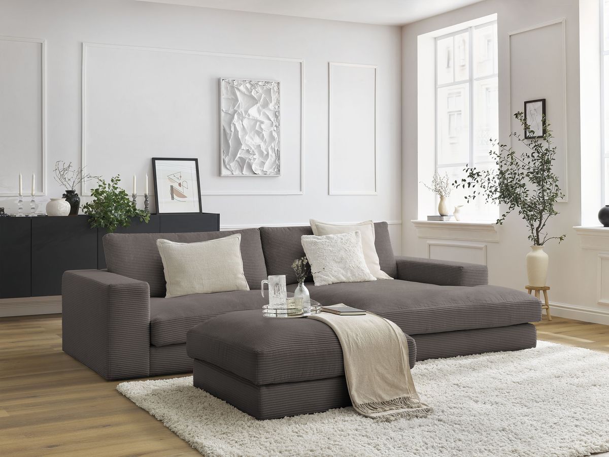 Bobochic Leonard Ecksofa mit Pouf 234 × 159 cm Cordsamt Braun Ecke rechts