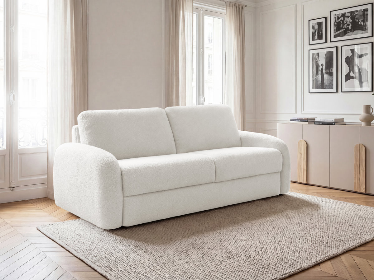 Bobochic Kenan Schlafsofa 3-Sitzer Bouclé-Stoff Weiß, Liegefläche 140 × 196 cm