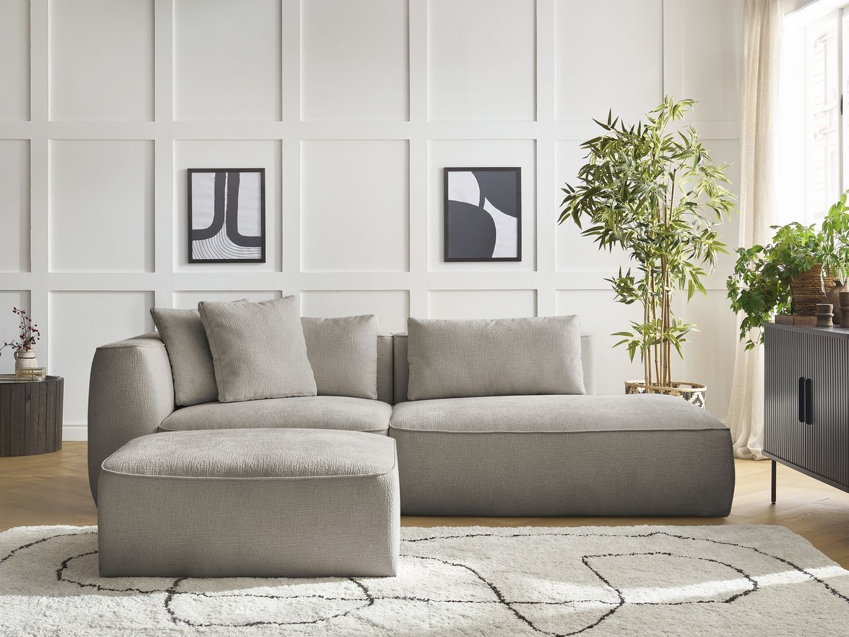 Bobochic Leopold Sofa 4-Sitzer mit Pouf Strukturstoff Taupe Armlehne links
