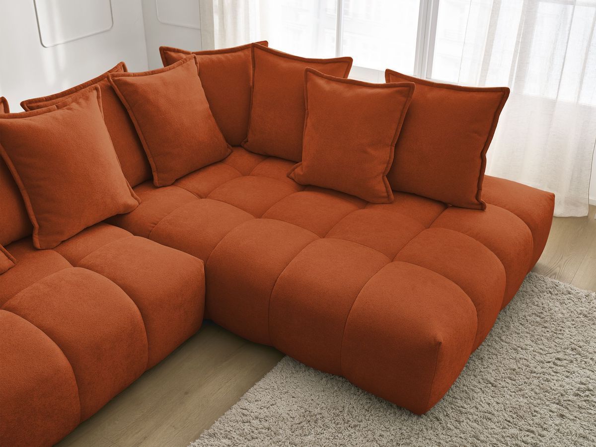 Bobochic Everest Ecksofa mit Schlaffunktion und Bettkasten 320 × 212 cm, 10 Kissen Strukturstoff Orange Ecke rechts