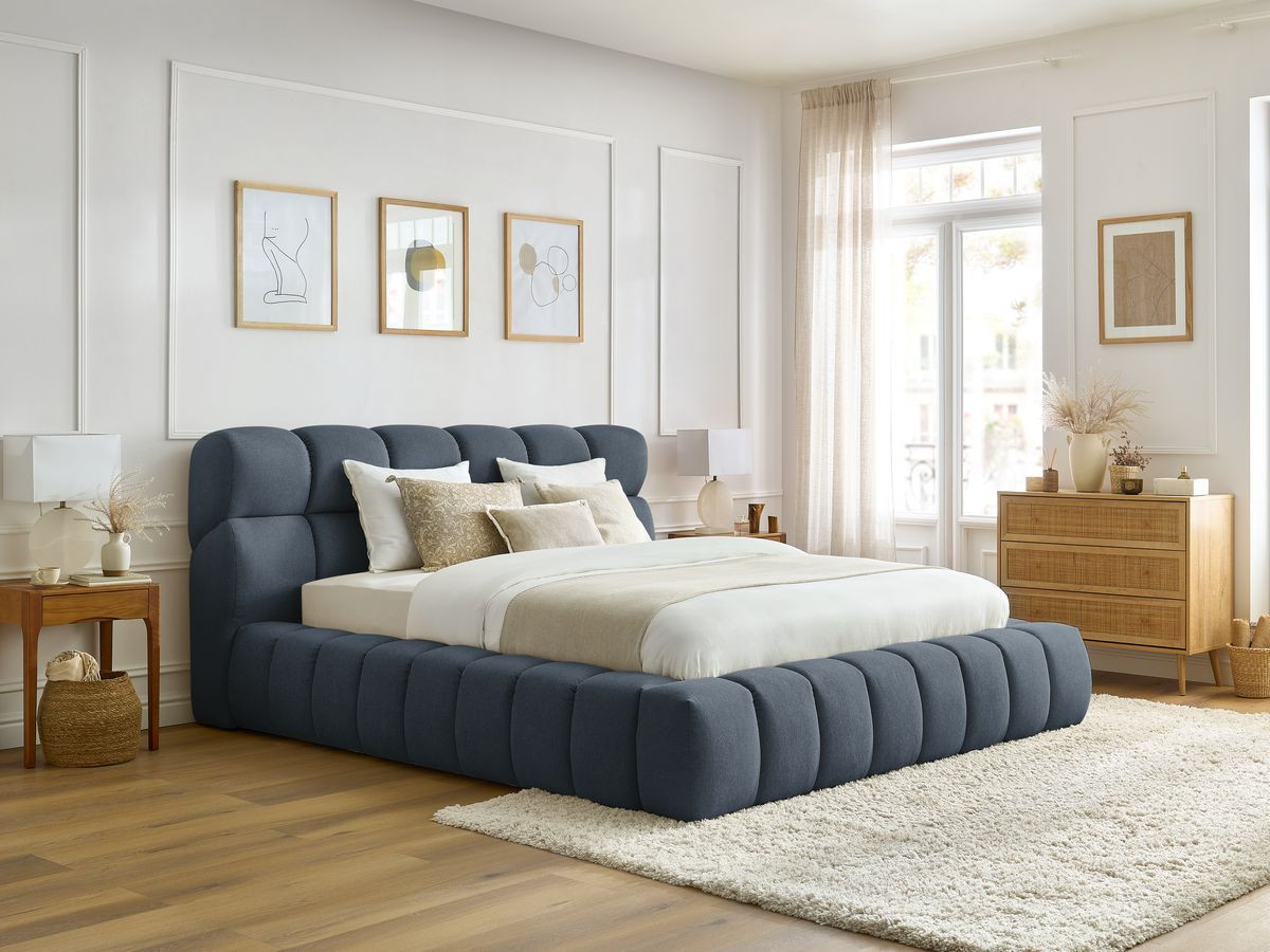 Bobochic Mont-blanc Polsterbett mit Bettkasten Stoff Dunkelblau, Liegefläche 180 × 200 cm