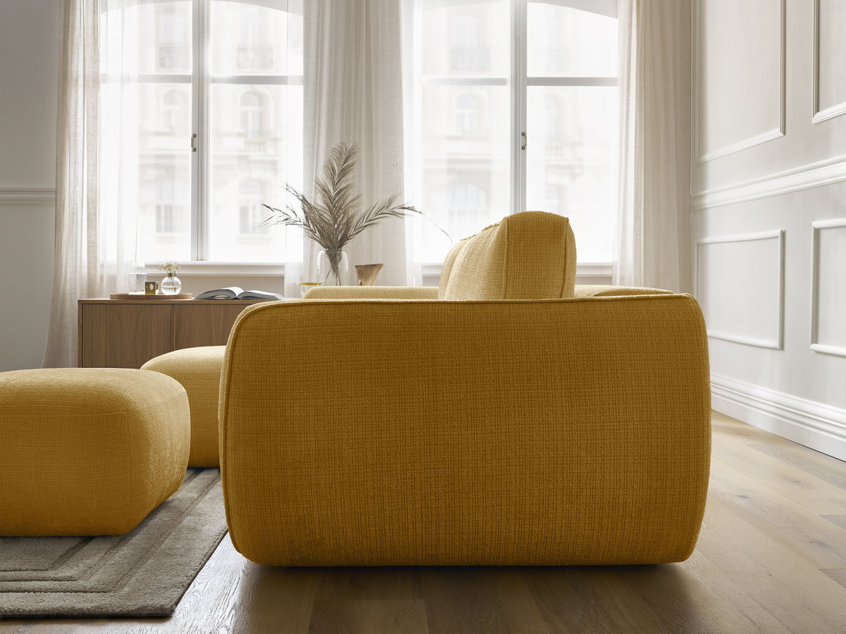Bobochic Denise Ecksofa mit Schlaffunktion und Bettkasten und Pouf 258 × 160 cm Strukturstoff Gelb Ecke links