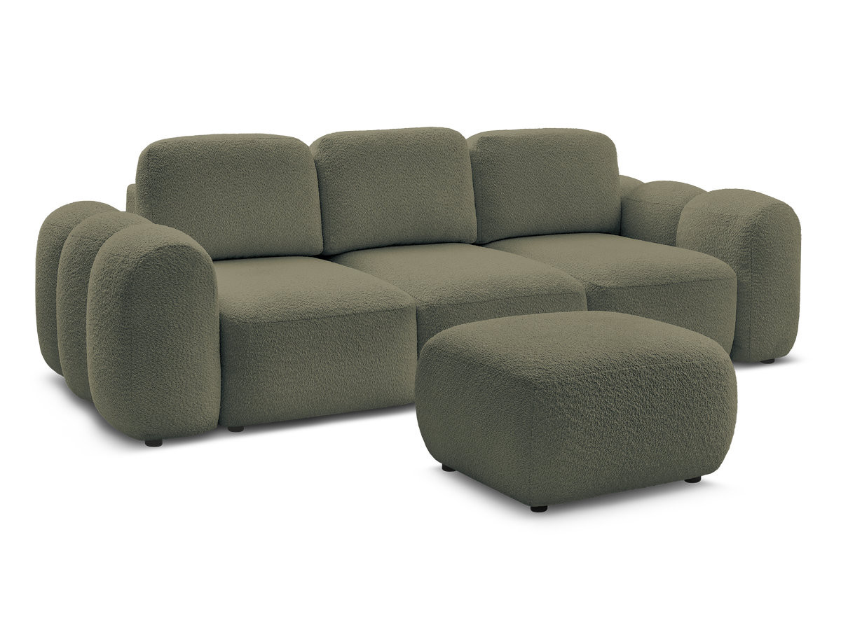 Bobochic Montaigne Schlafsofa 3-Sitzer mit Bettkasten und Pouf Bouclé-Stoff Grün