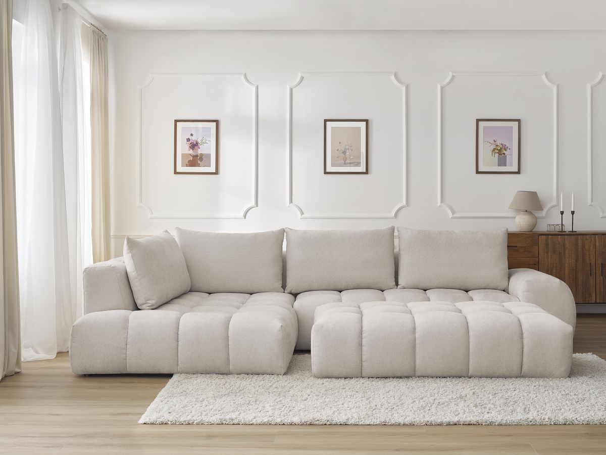 Bobochic Everest Ecksofa mit Schlaffunktion und Pouf, 4 Kissen Strukturstoff Beige Ecke links