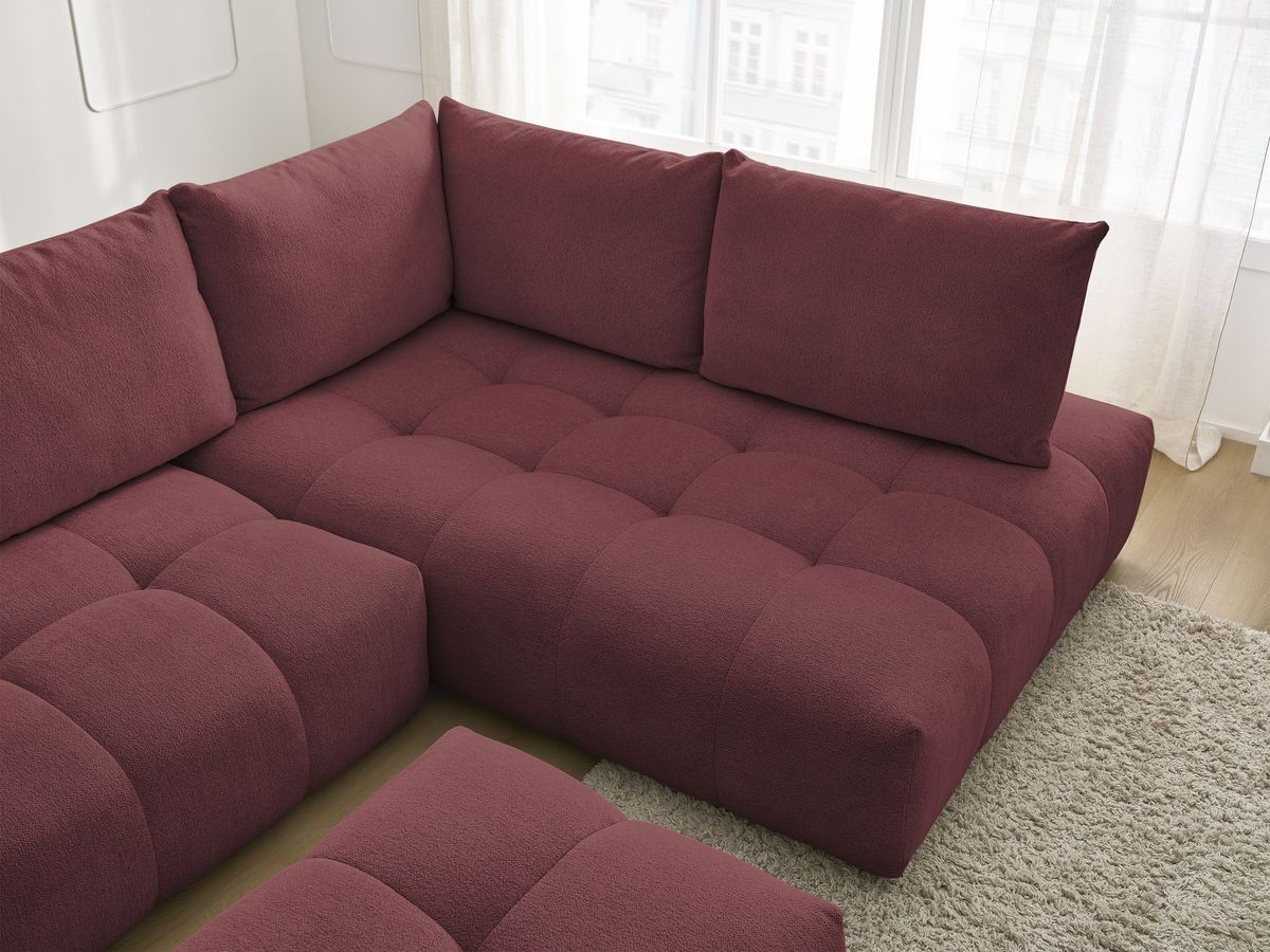 Bobochic Everest Ecksofa mit Schlaffunktion und Bettkasten und Pouf 320 × 212 cm, 5 Kissen Melange-Stoff Rot Ecke rechts