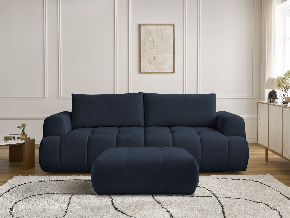 Bobochic Fuji Schlafsofa 3-Sitzer mit Bettkasten und Pouf Stoff Dunkelblau