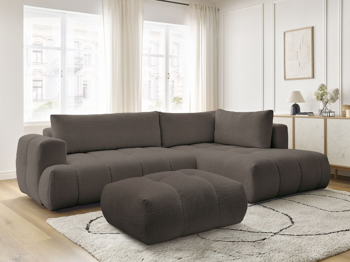 Bobochic Fuji Ecksofa mit Schlaffunktion und Bettkasten und Pouf 282 × 204 cm Bouclé-Stoff Braun Ecke rechts