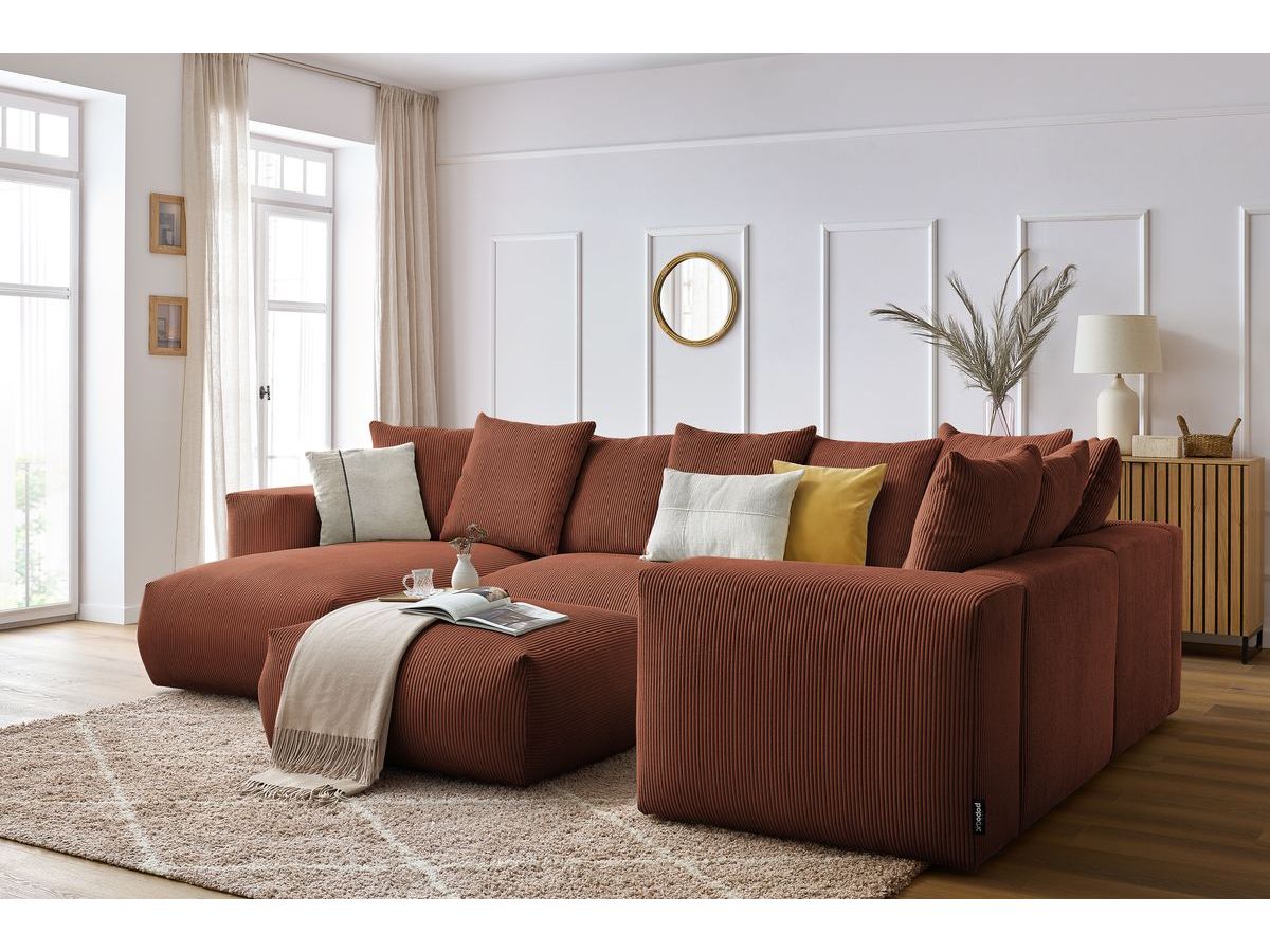 Bobochic Voltaire Wohnlandschaft mit Pouf 356 × 214 cm Cordsamt Orange Ecke links