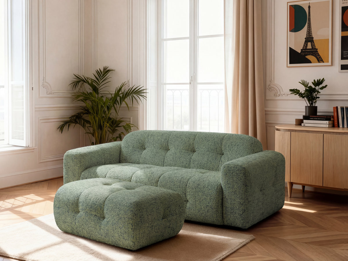 Bobochic Laura Sofa 3-Sitzer mit kleinem Pouf Melange-Stoff Hellgrün
