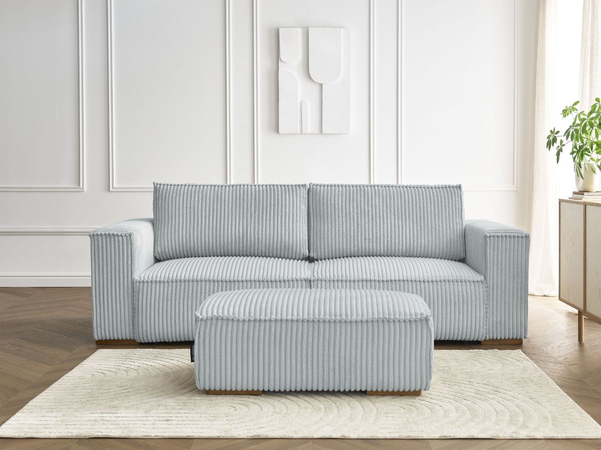 Bobochic Chelsea Schlafsofa 4-Sitzer mit Bettkasten und Pouf Breitcord weich Hellgrau