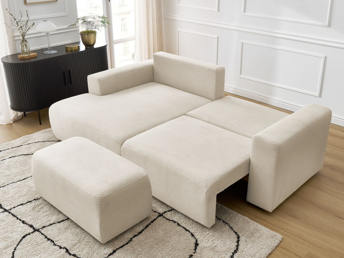 Bobochic Atilla Ecksofa mit Schlaffunktion und Bettkasten und Pouf Cordsamt Beige Ecke links