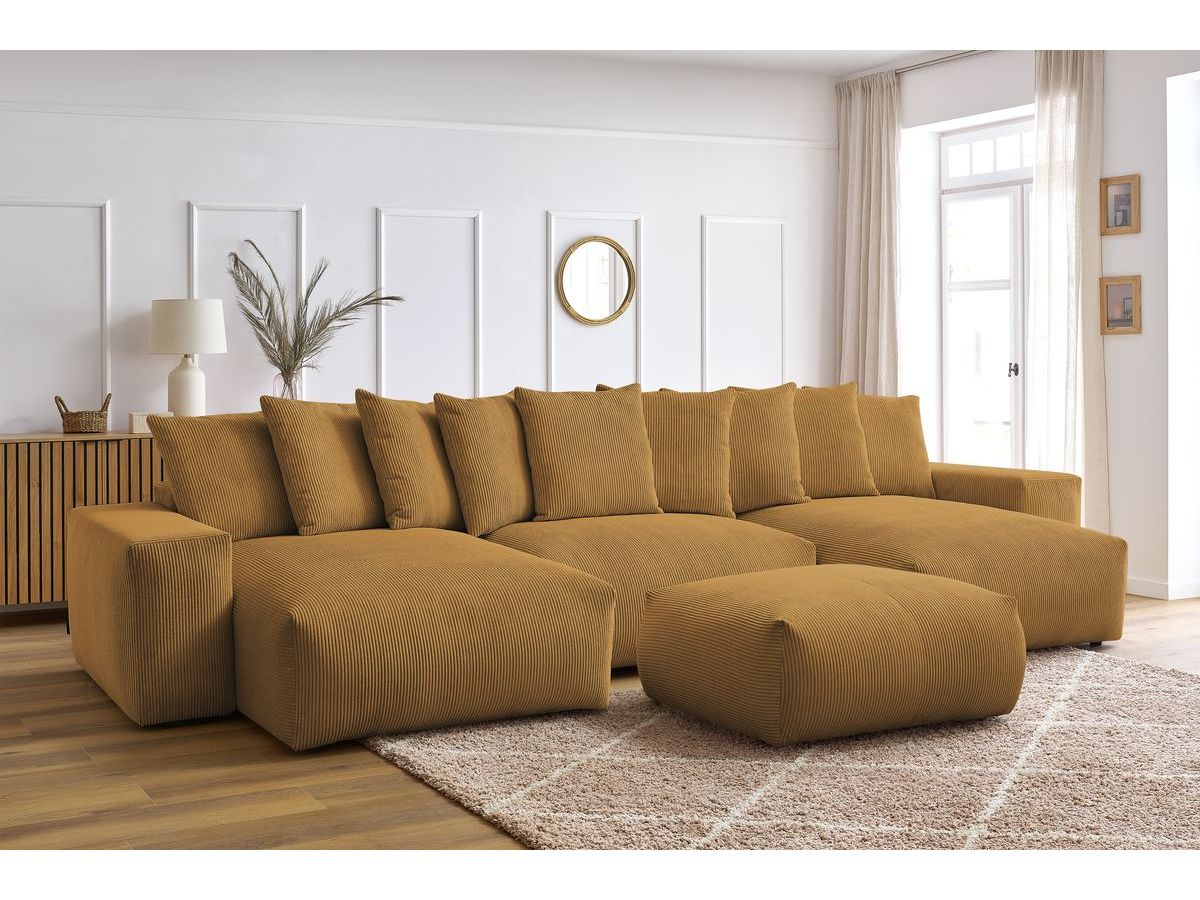 Bobochic Voltaire Wohnlandschaft mit Pouf 420 × 174 cm, Liegefläche 135 × 345 cm Cordsamt Gelb