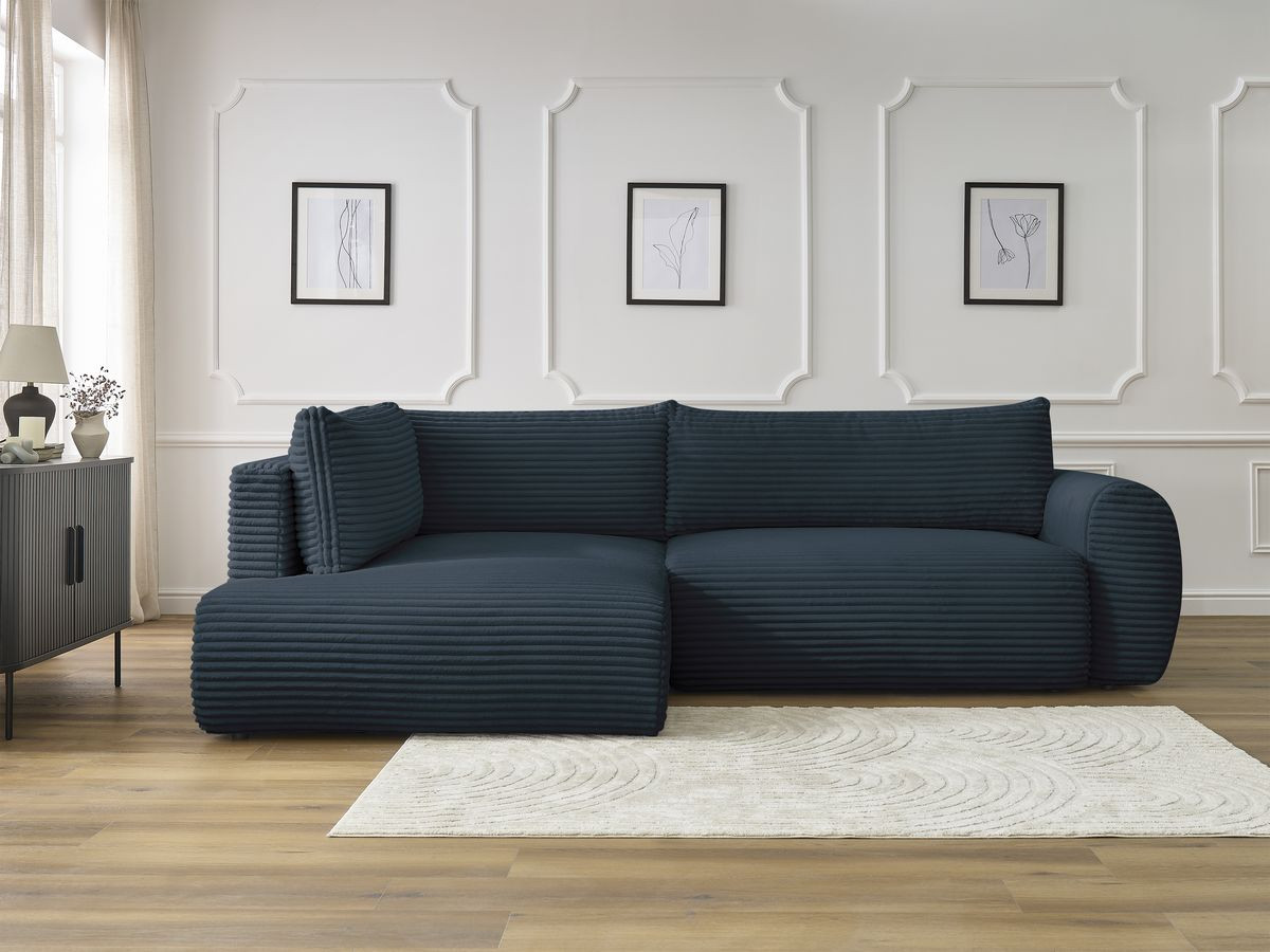 Bobochic Lucien Ecksofa mit Schlaffunktion und Bettkasten 296 × 198 cm Breitcord weich Dunkelblau Ecke links