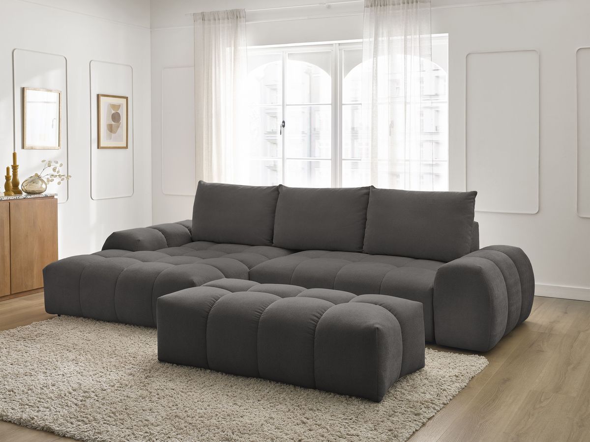 Bobochic Everest Ecksofa mit Schlaffunktion und Bettkasten und Pouf 318 × 180 cm, 3 Kissen Strukturstoff Dunkelgrau Ecke links