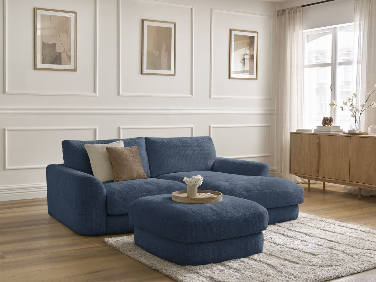 Bobochic Leonore Ecksofa mit Pouf Strukturstoff Dunkelblau Ecke rechts
