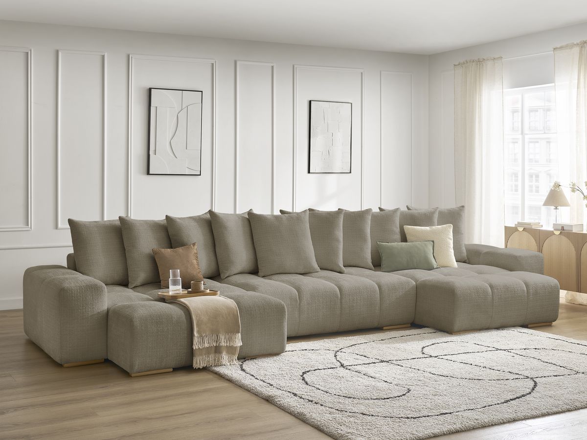 Bobochic Anakin Wohnlandschaft, Liegefläche 137 × 382 cm, 10 Kissen Strukturstoff Taupe