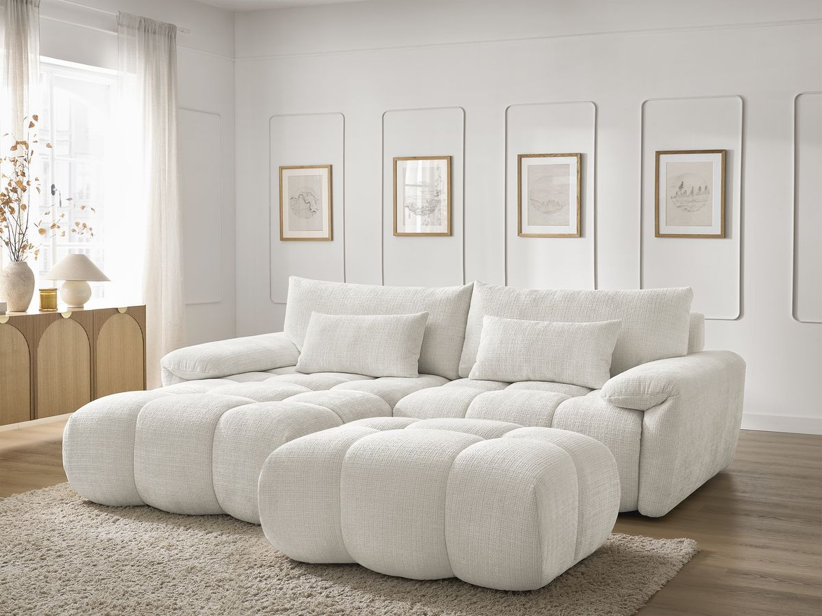 Bobochic Ivane Ecksofa mit Pouf Strukturstoff Weiß Ecke links