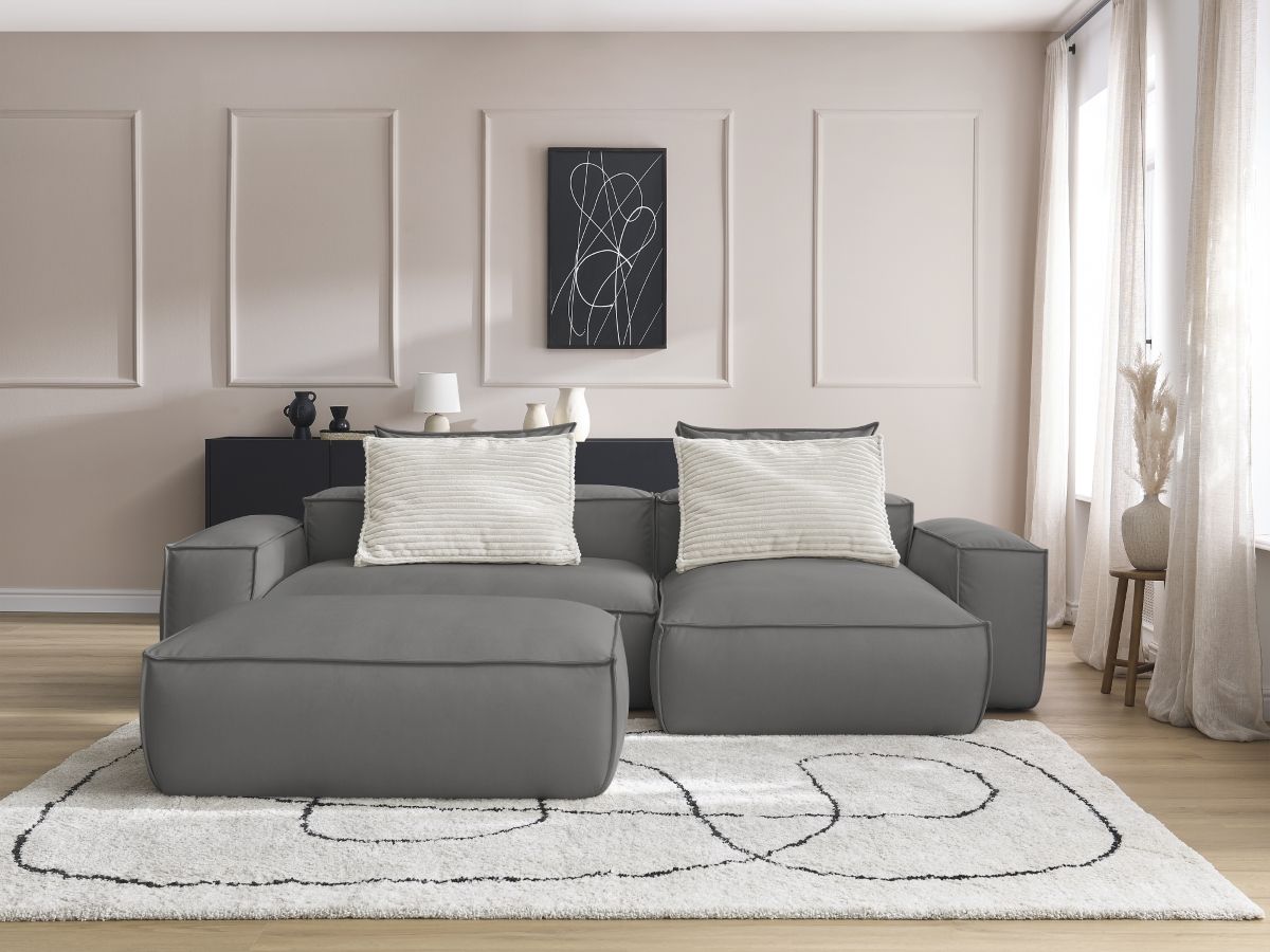 Bobochic Boheme Ecksofa mit Pouf Kunstleder Dunkelgrau