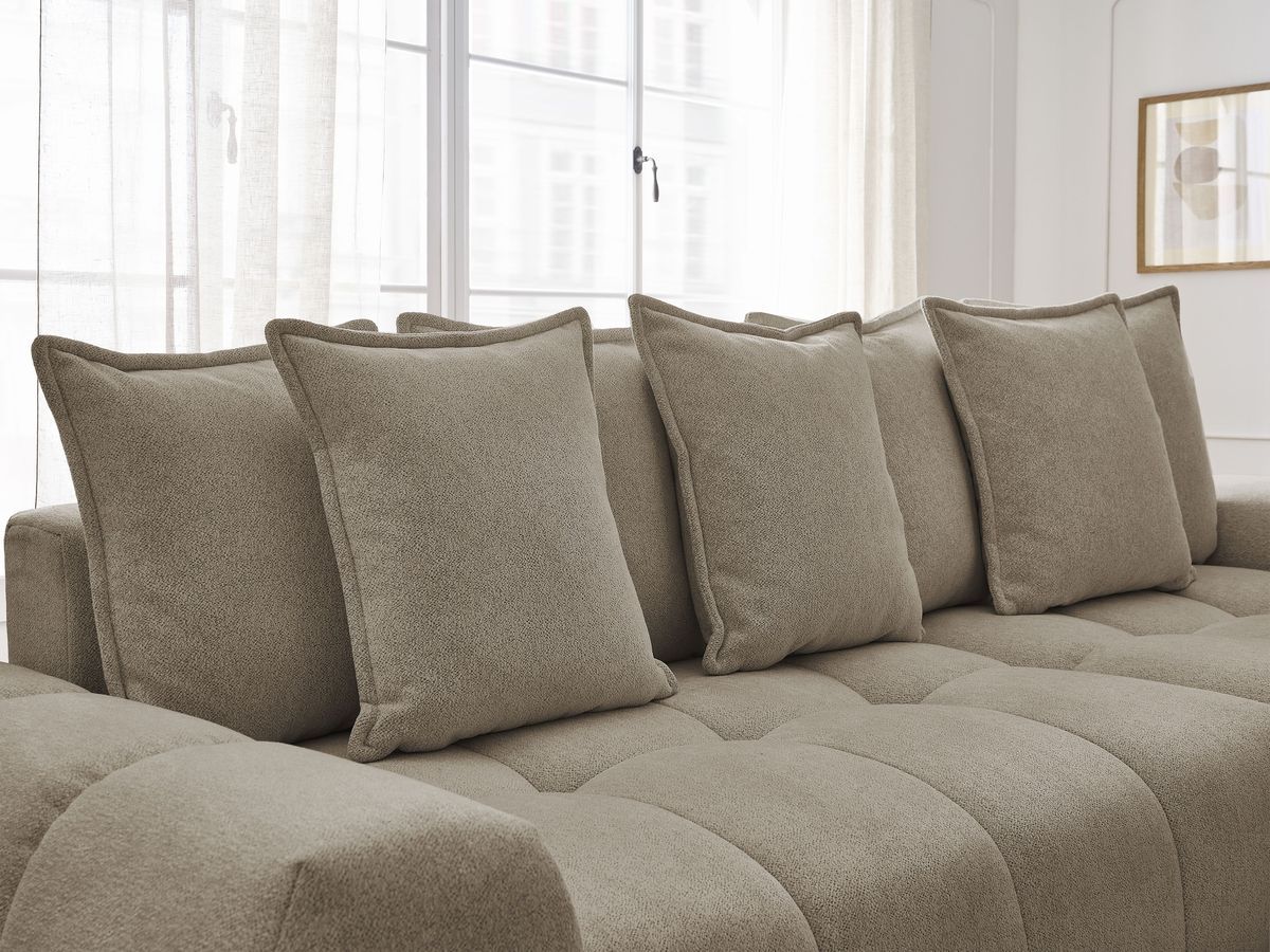 Bobochic Everest Ecksofa mit Schlaffunktion und Bettkasten 318 × 180 cm, 7 Kissen Melange-Stoff Taupe Ecke rechts