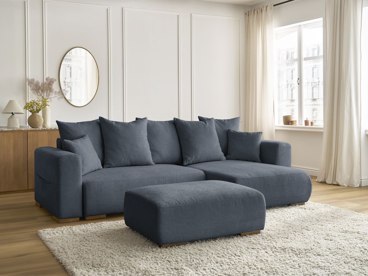 Bobochic Sidonie Ecksofa mit Schlaffunktion und Bettkasten und Pouf Melange-Stoff Dunkelblau