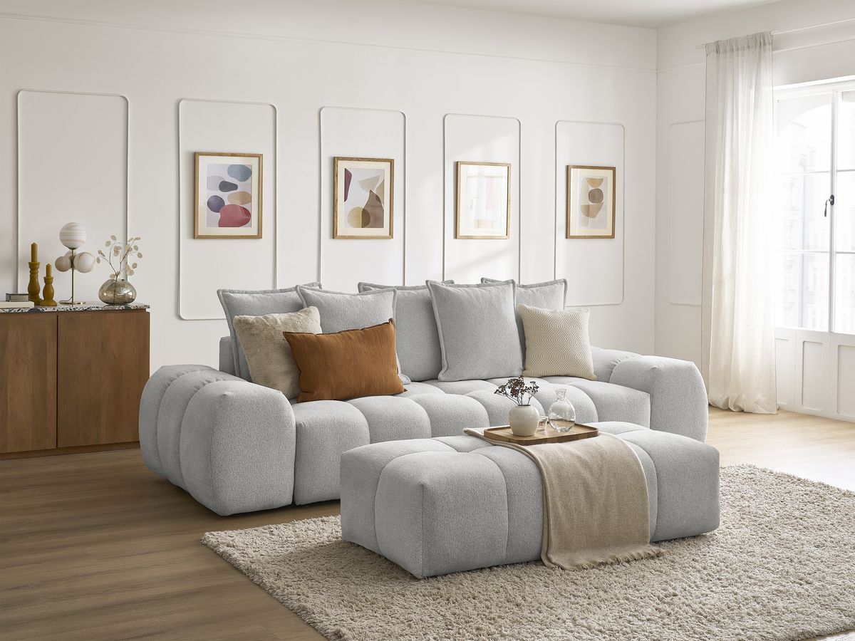 Bobochic Everest Schlafsofa 3-Sitzer mit Bettkasten und Pouf, 5 Kissen Melange-Stoff Hellgrau