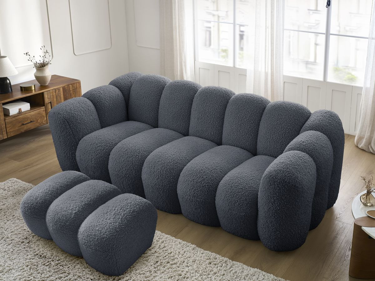 Bobochic Hippolyte Sofa 3-Sitzer mit Pouf Bouclé-Stoff Dunkelgrau