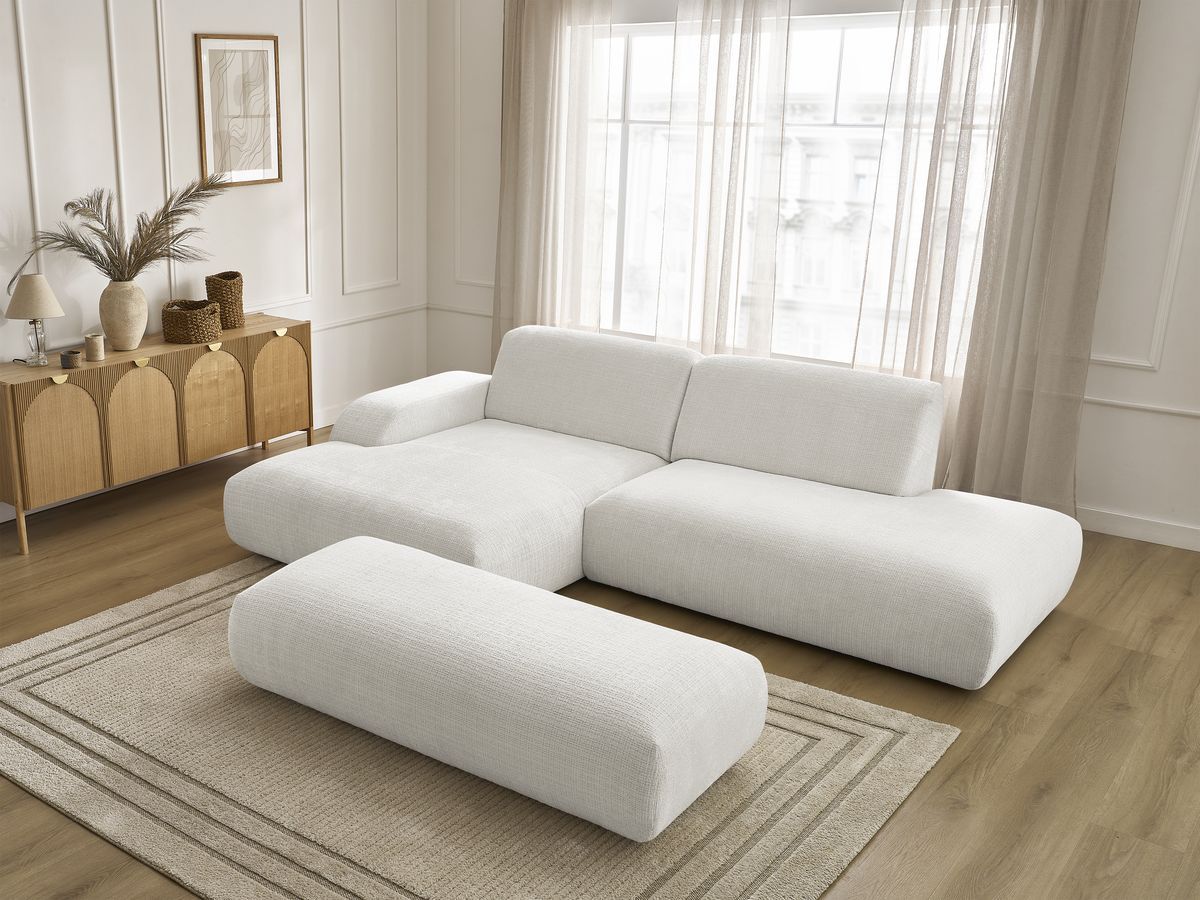 Bobochic Sirius Ecksofa mit Pouf 300 × 170 cm Strukturstoff Weiß Ecke links