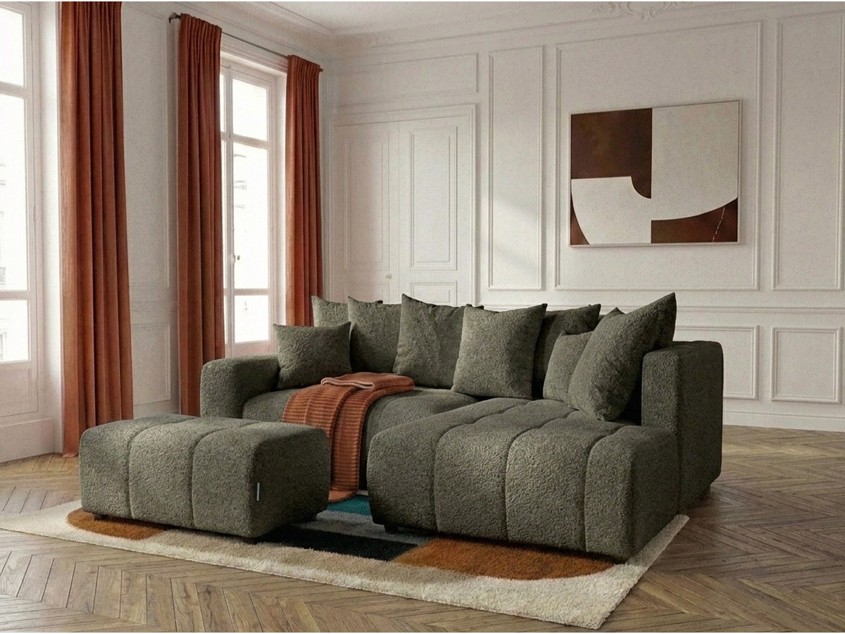 Bobochic Roxelane Ecksofa mit Schlaffunktion und Bettkasten und Pouf Bouclé-Stoff Grün Ecke rechts