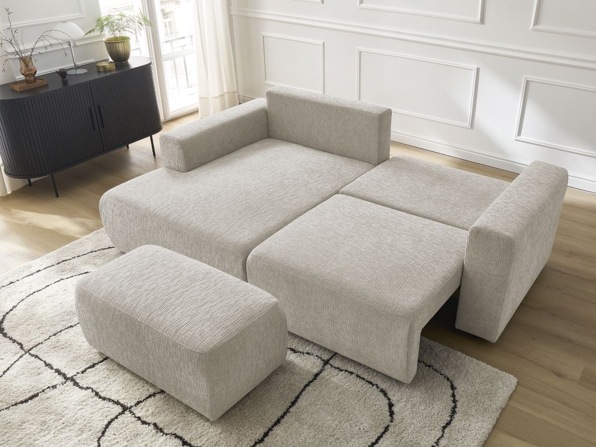 Bobochic Atilla Ecksofa mit Schlaffunktion und Bettkasten und Pouf Strukturstoff Beige Ecke links