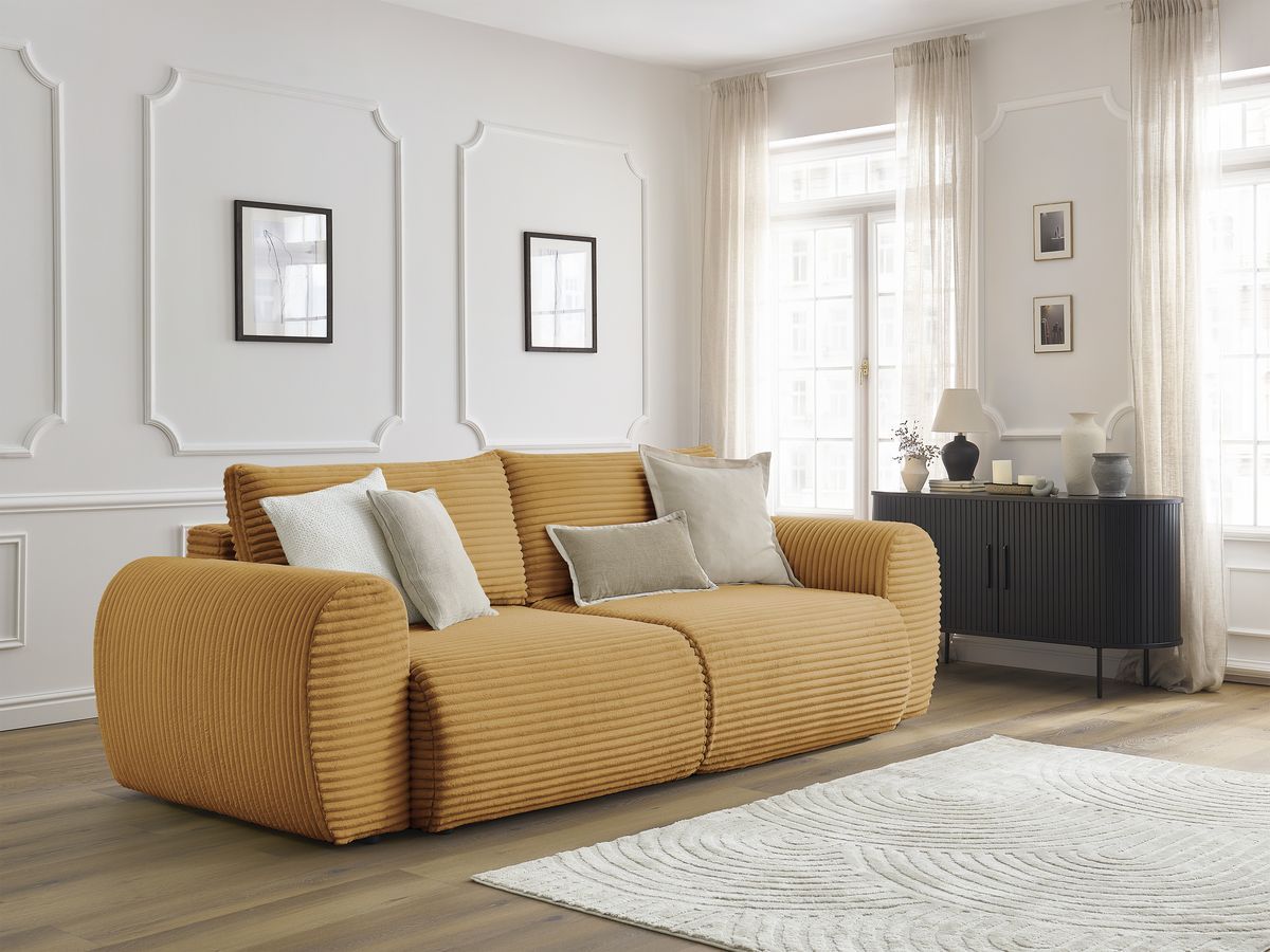 Bobochic Lucien Schlafsofa 3-Sitzer mit Bettkasten Breitcord weich Gelb