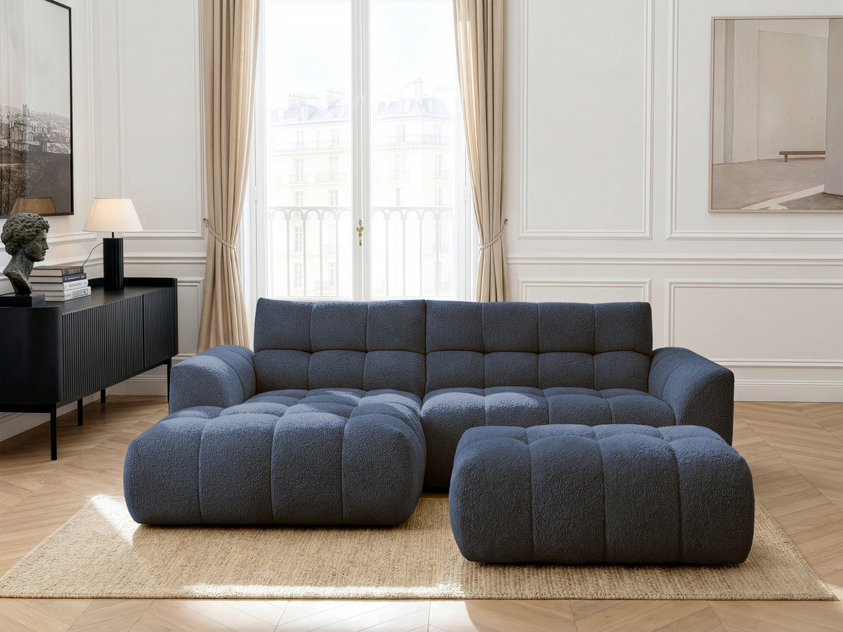 Bobochic Jaya Ecksofa mit Pouf Chenille Dunkelblau Ecke links