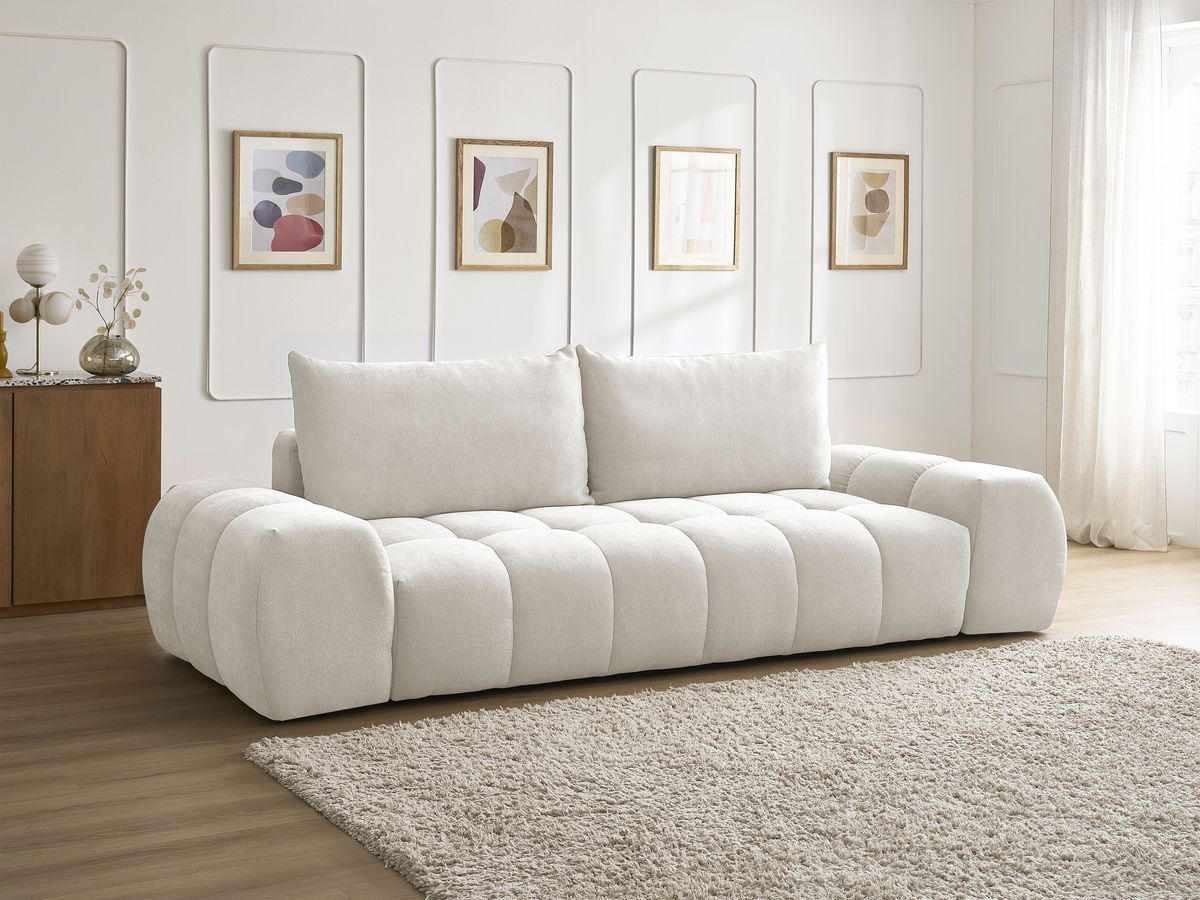 Bobochic Everest Schlafsofa 3-Sitzer mit Bettkasten, 2 Kissen Strukturstoff Weiß